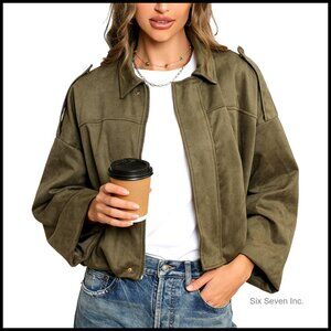Faux Suede Bomber Jacket Oversized Batwing Sleeves Streetwear Pilot Coat Women